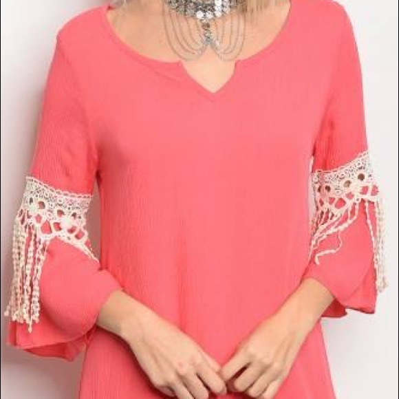 🆕⭐️ Coral Crochet Sleeve Trim Dress - Picture 3 of 5